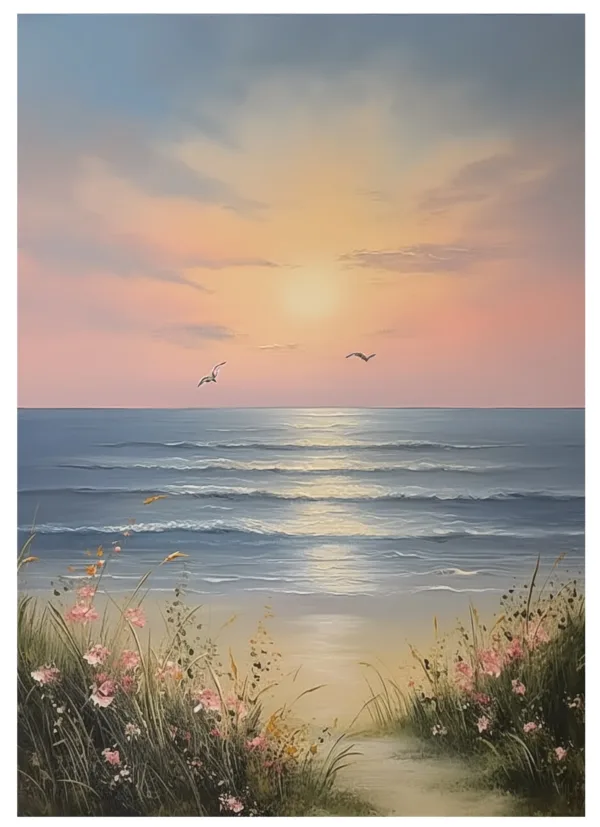 Charming Sunrise Over Ocean Waves Textured Oil Painting