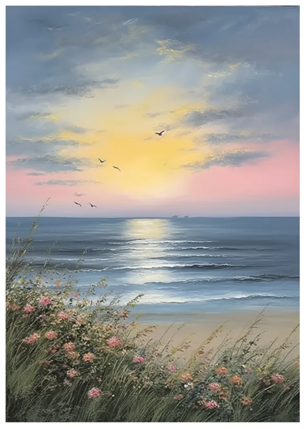 Charming Sunrise Over Ocean Waves Textured Oil Painting