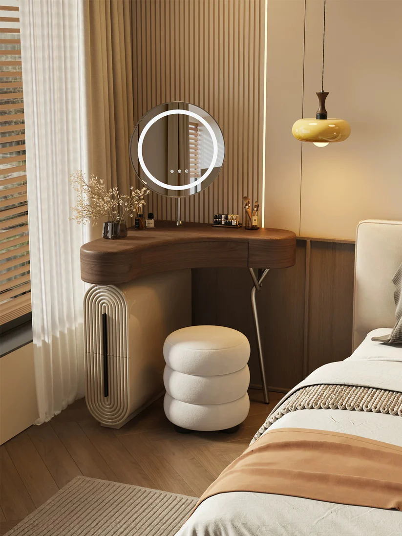 Aria Curve corner dressing table with a 360 degree LED mirror